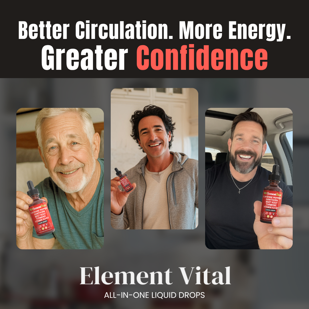 Three men holding the Cayenne Pepper supplement bottle, with a confidence and energy boost after using the product.