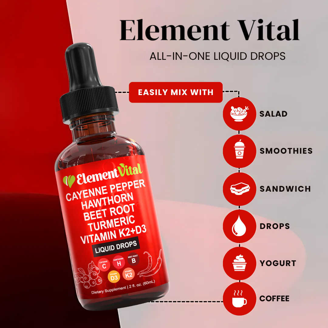 Element Vital Cayenne Pepper liquid drops bottle with usage instructions on a red and gray background