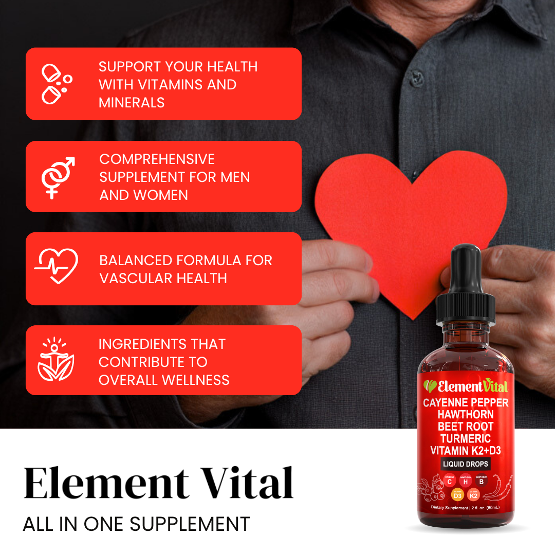 Cayenne Pepper supplement bottle with red heart and promotional text about health benefits, held by an old man wearing a dark shirt.