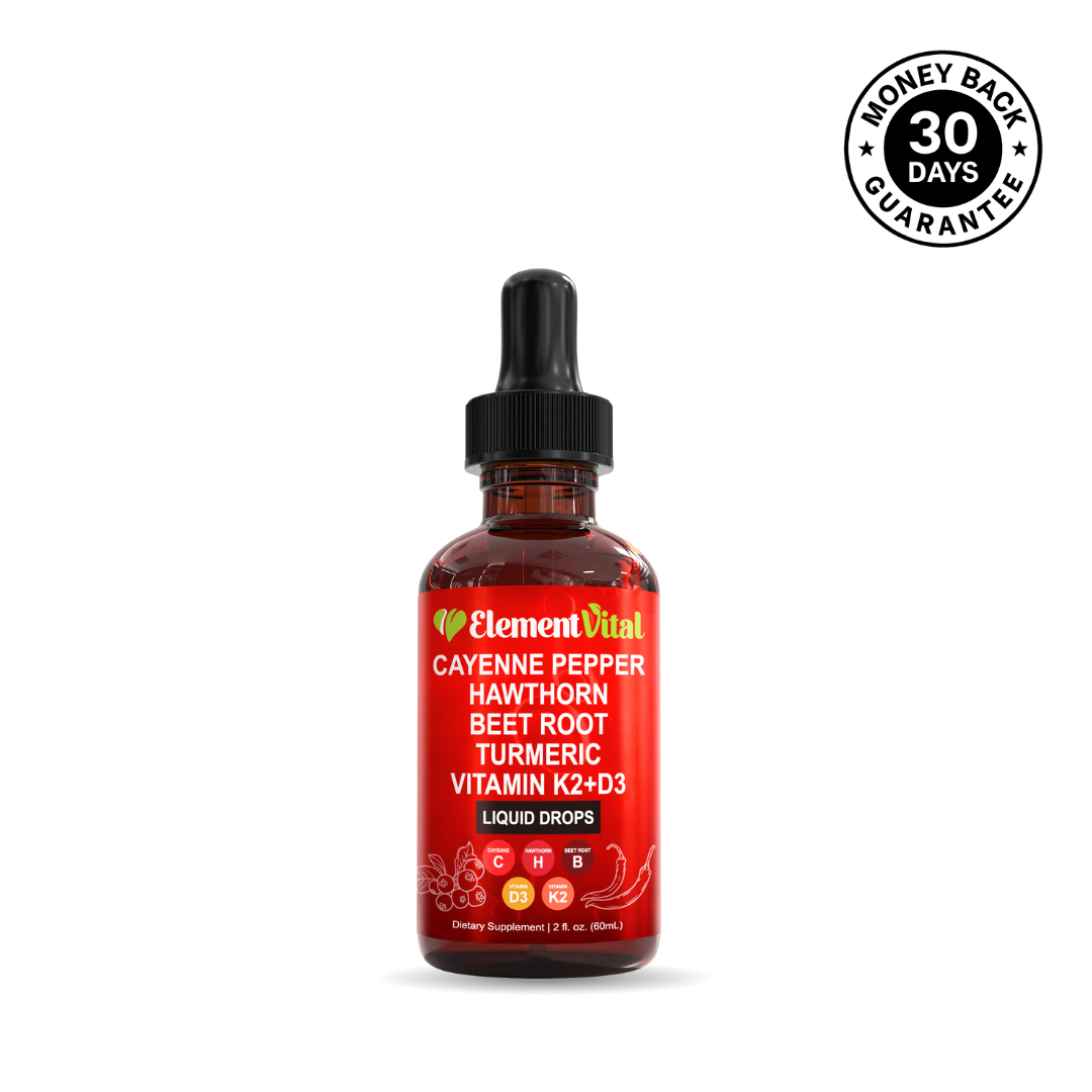 Element Vital Cayenne Pepper liquid supplement bottle with red label on a white background