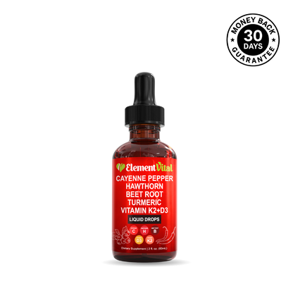 Element Vital Cayenne Pepper liquid supplement bottle with red label on a white background