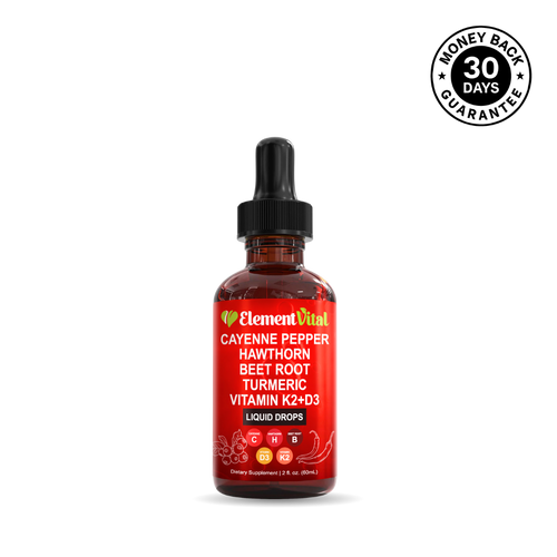 Element Vital Cayenne Pepper liquid supplement bottle with red label on a white background
