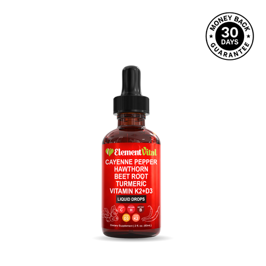 Element Vital Cayenne Pepper liquid supplement bottle with red label on a white background