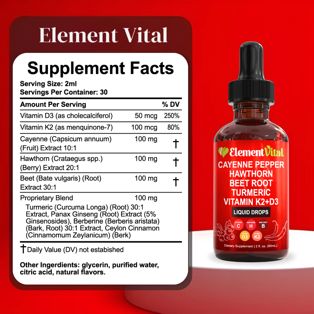 Element Vital Cayenne Pepper supplement bottle with supplement facts on a red background
